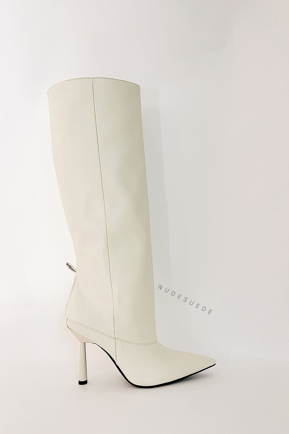 Faux Leather Folded Over Heeled Knee High Long Boots - Ivory