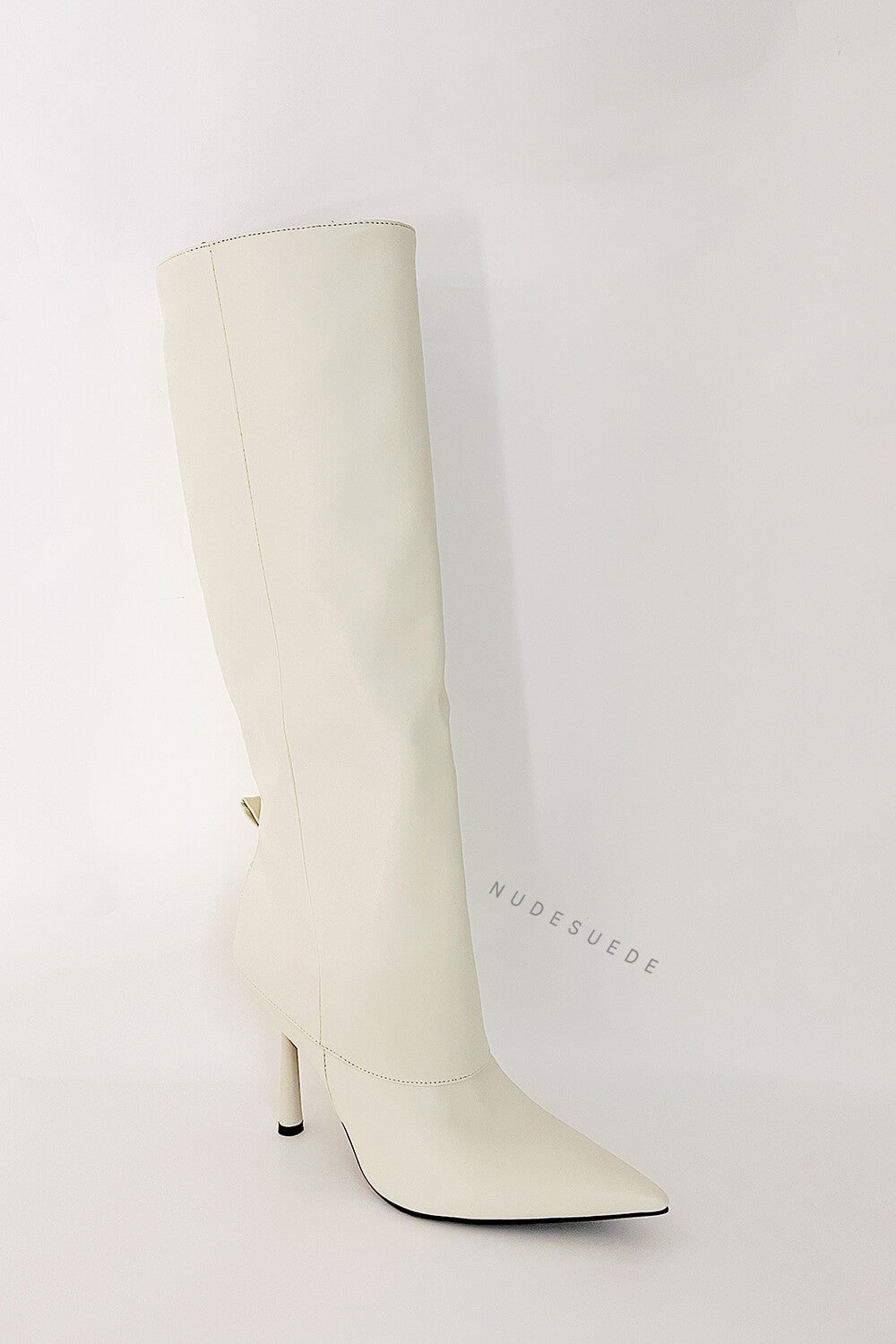 Faux Leather Folded Over Heeled Knee High Long Boots - Ivory
