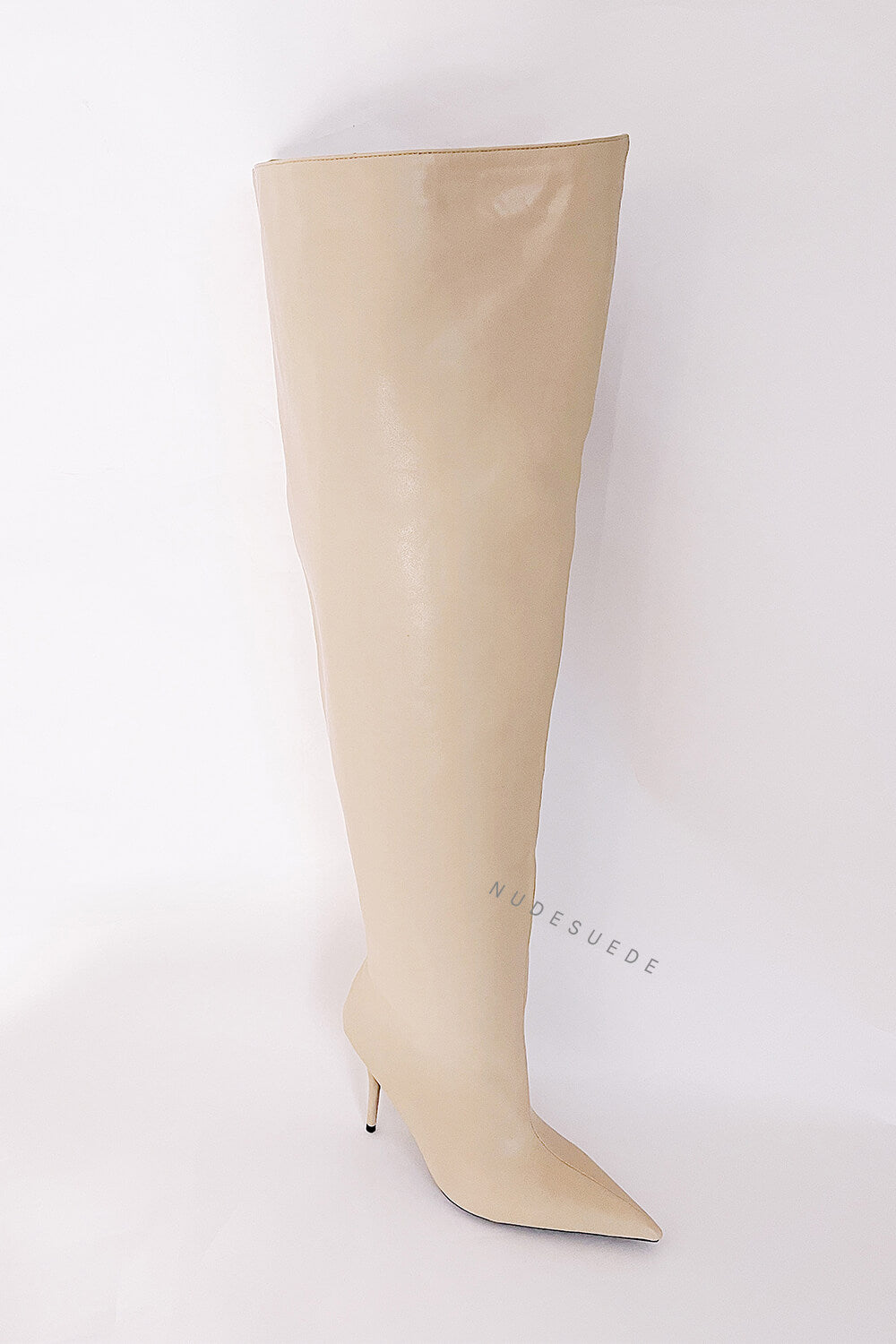 Bucket Point Toe Over The Knee Stiletto Heeled Boots - Beige