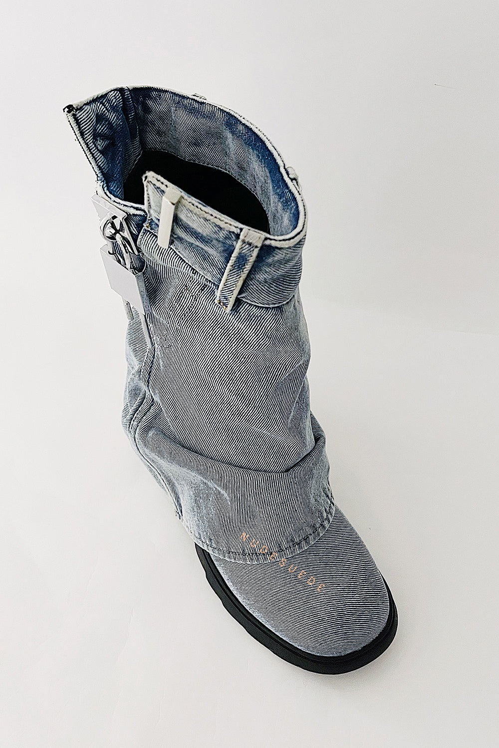 Lock Detail Denim Folded Chunky Sole Biker Ankle Boots - Blue