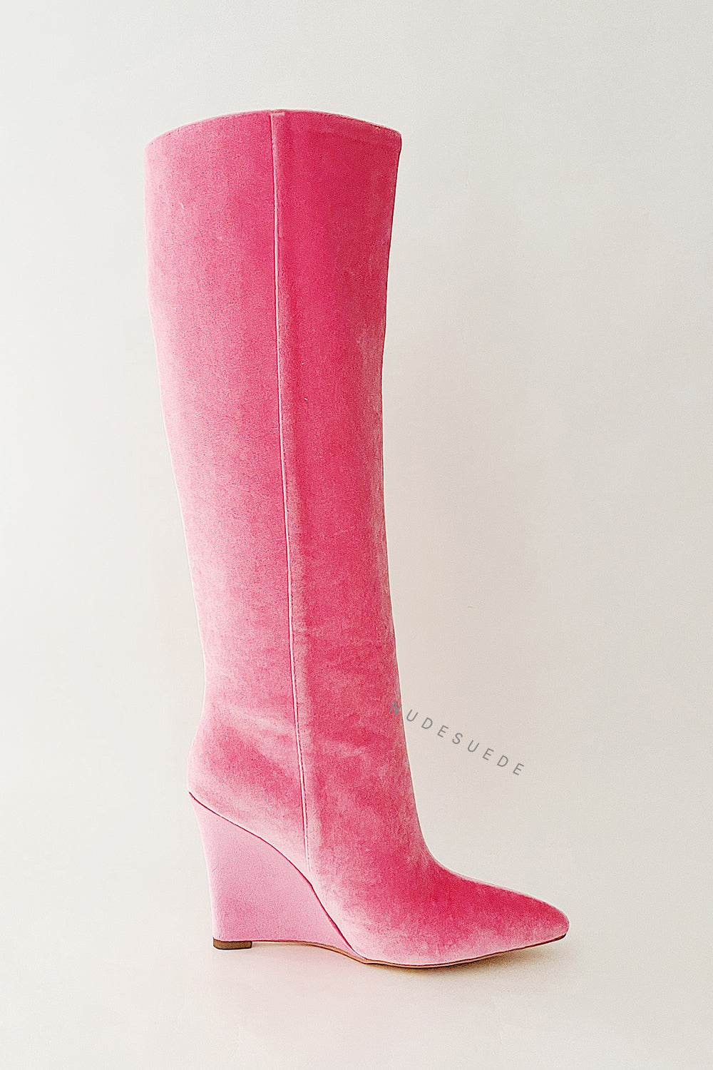 Velvet Sharp Pointed Toe Knee High Wedge Boot - Hot Pink