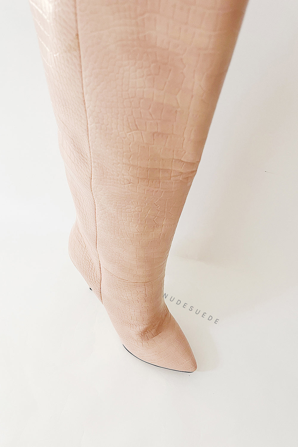 Pink Crocodile-Effect Knee High Pointed Stiletto Heel Boots