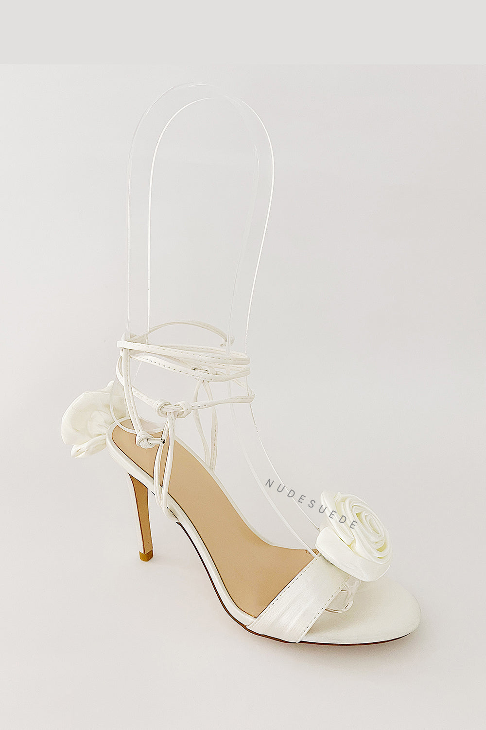 Flower Embellished Satin Lace Up Open Toe Stiletto Heels Sandals - Ivory