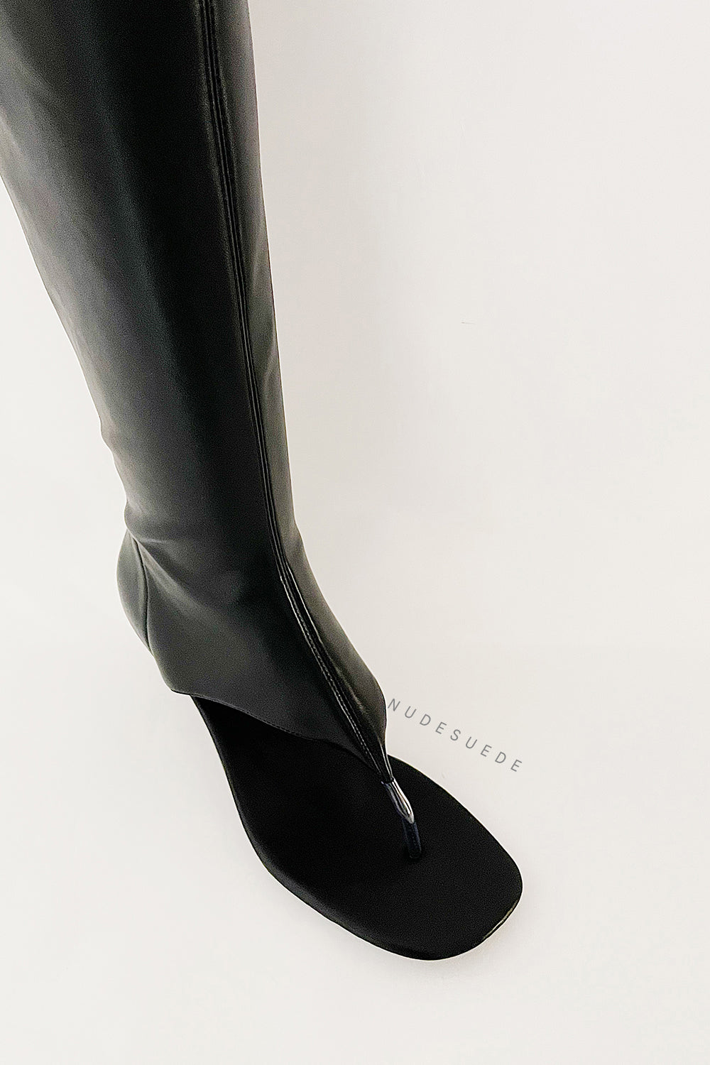 Faux Leather Open Toe Thong Strap Knee High Heeled Boots - Black