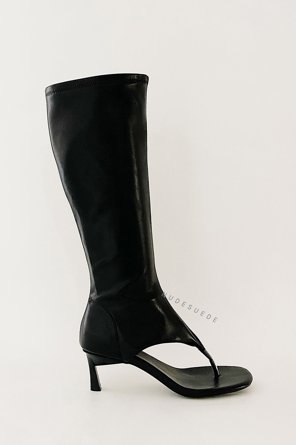 Faux Leather Open Toe Thong Strap Knee High Heeled Boots - Black