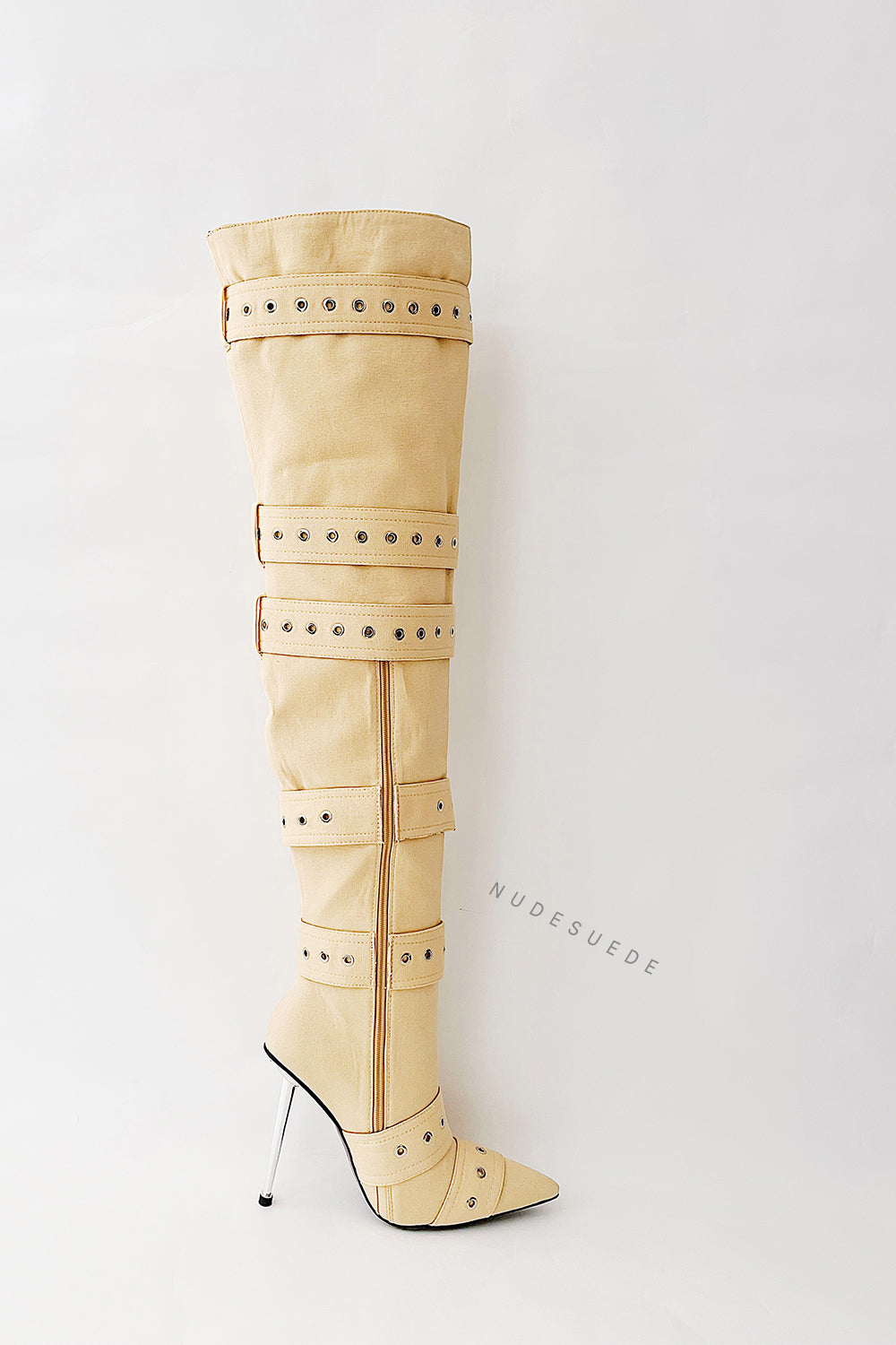 Multi Buckle Pointed Toe Thigh High Stiletto Heel Boots - Khaki