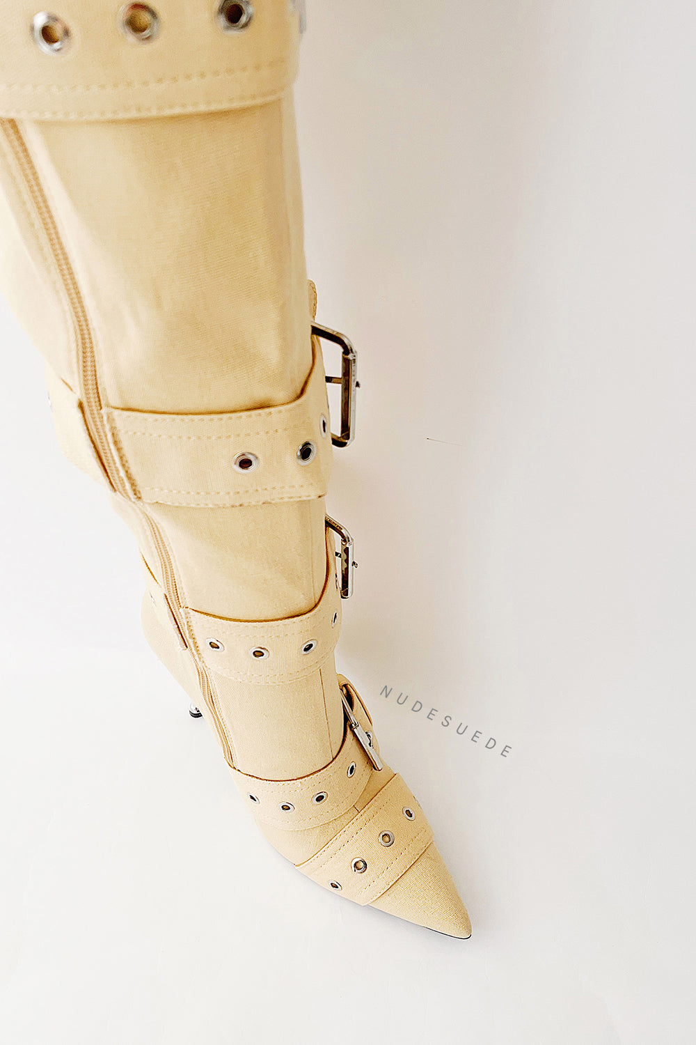 Multi Buckle Pointed Toe Thigh High Stiletto Heel Boots - Khaki