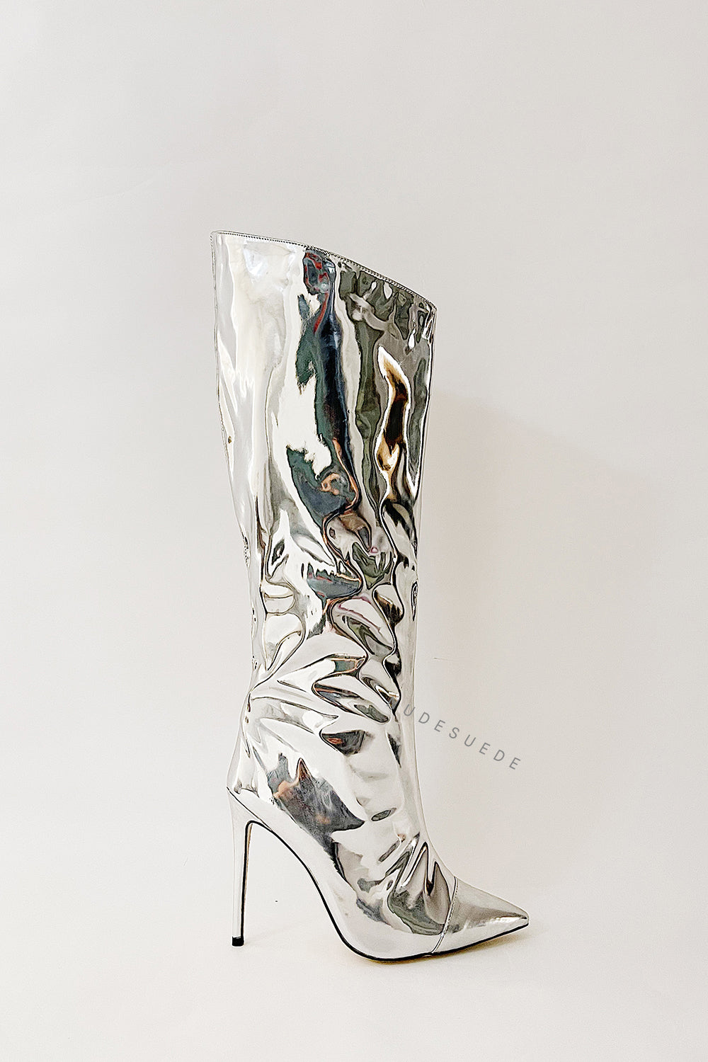 Metallic Finish Knee-High Pointed Toe Stiletto Boots - Silver