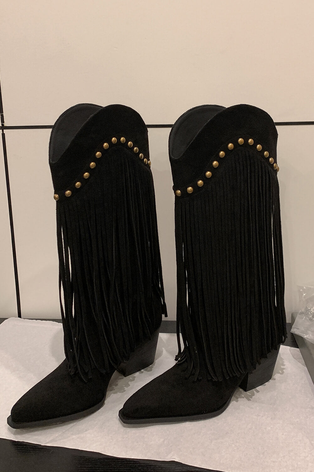 Faux Suede Pointed Toe Fringe Western Cowboy Mid-Calf Block Heeled Boots - Black