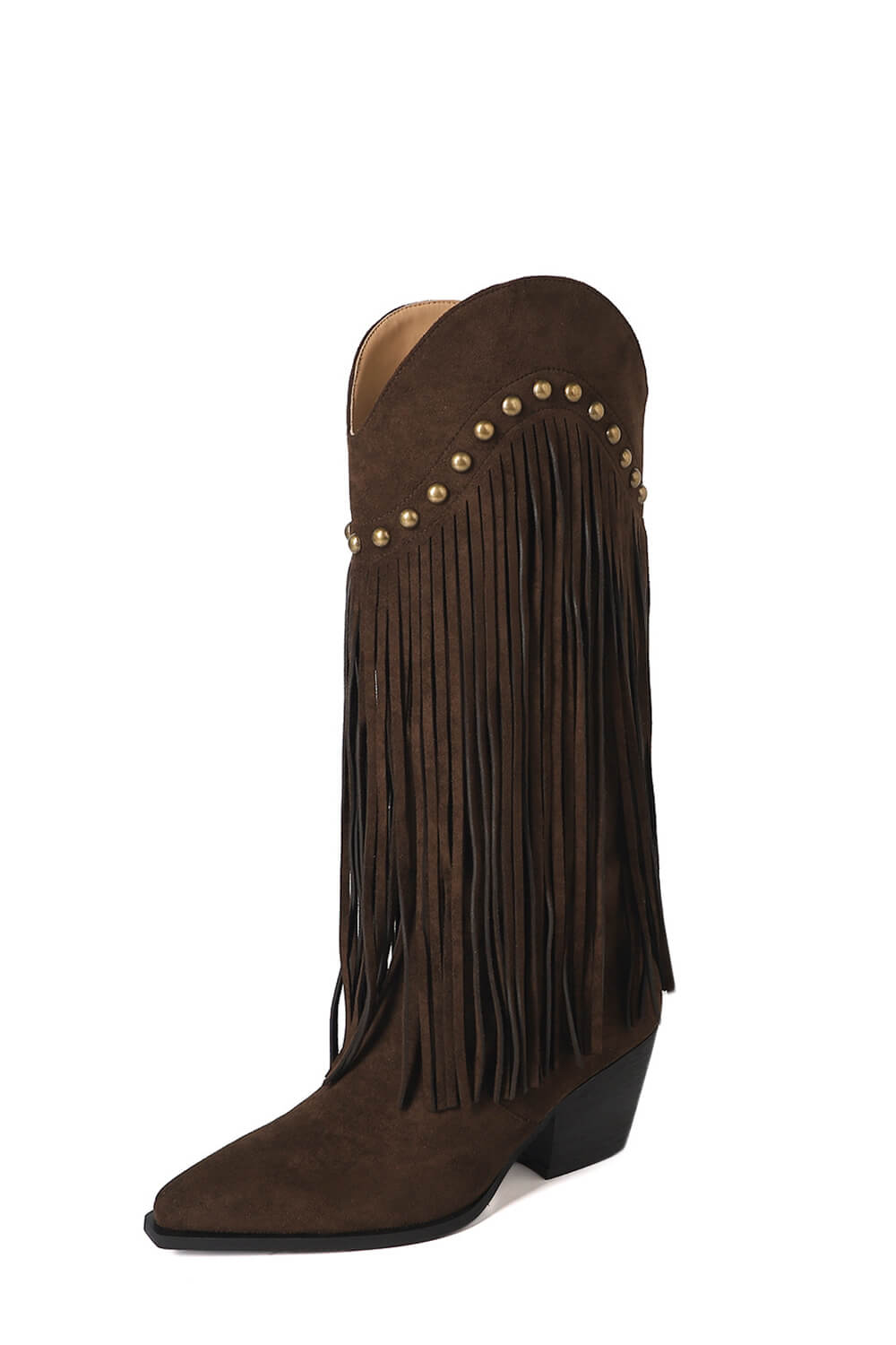 Faux Suede Pointed Toe Fringe Western Cowboy Mid-Calf Block Heeled Boots - Brown