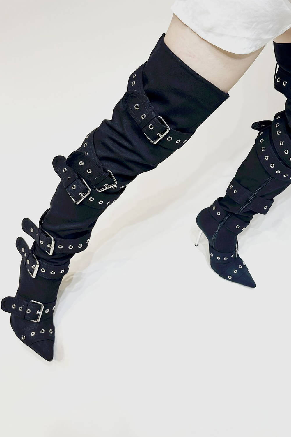 Multi Buckle Pointed Toe Thigh High Stiletto Heel Boots - Black