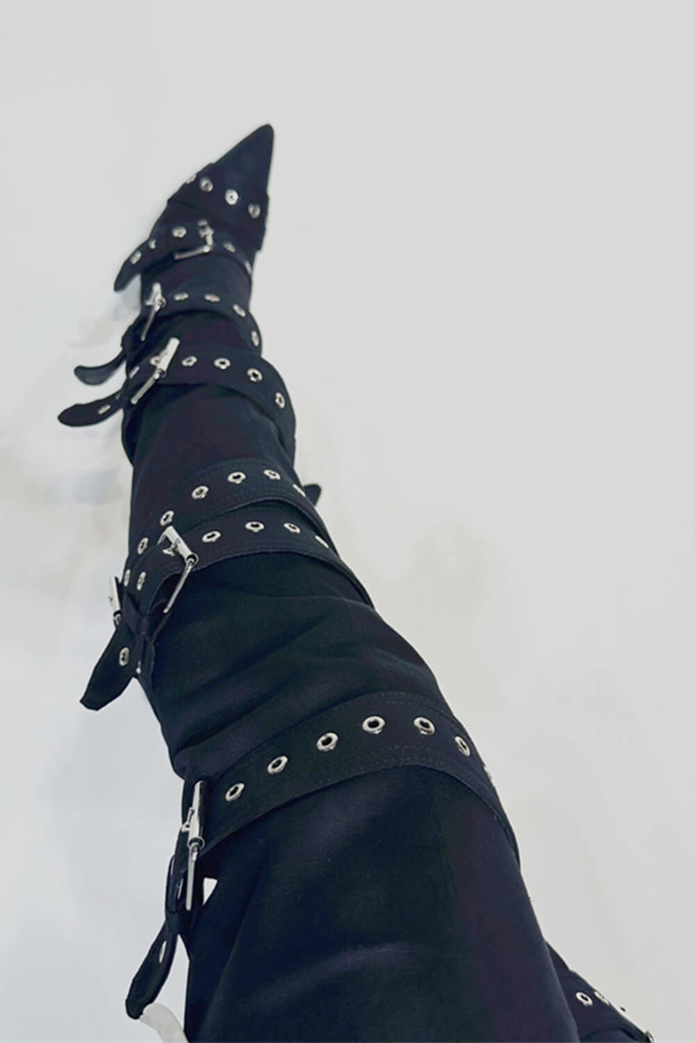Multi Buckle Pointed Toe Thigh High Stiletto Heel Boots - Black