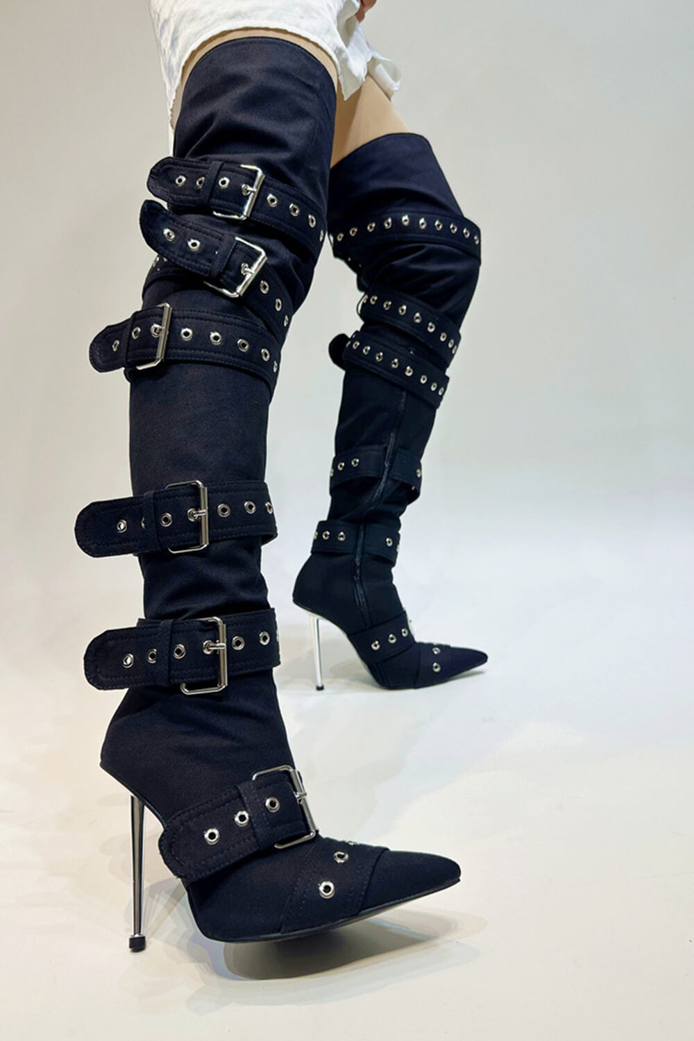 Multi Buckle Pointed Toe Thigh High Stiletto Heel Boots - Black