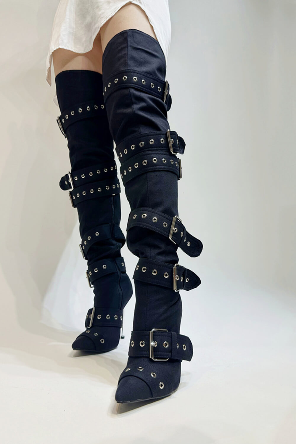 Multi Buckle Pointed Toe Thigh High Stiletto Heel Boots - Black