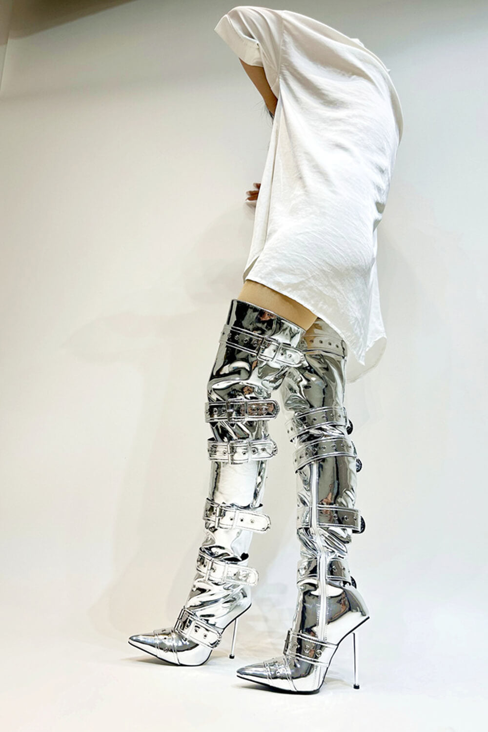 Multi Buckle Pointed Toe Thigh High Stiletto Heel Boots - Silver