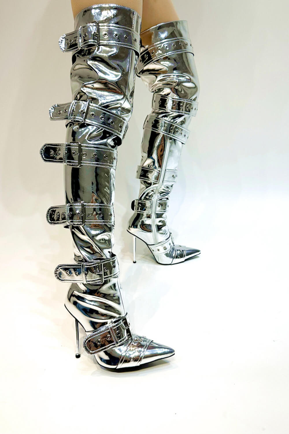 Multi Buckle Pointed Toe Thigh High Stiletto Heel Boots - Silver