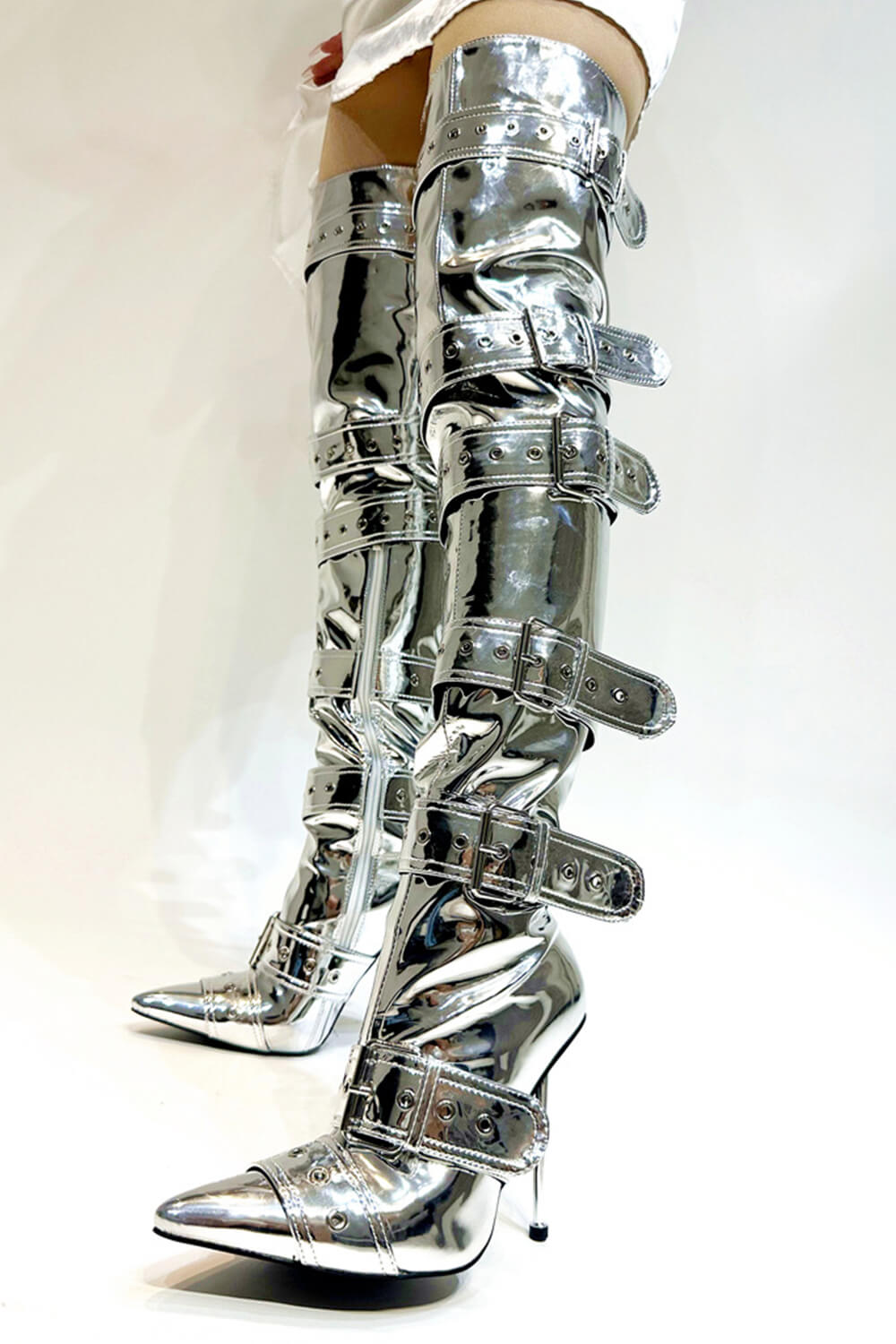 Multi Buckle Pointed Toe Thigh High Stiletto Heel Boots - Silver