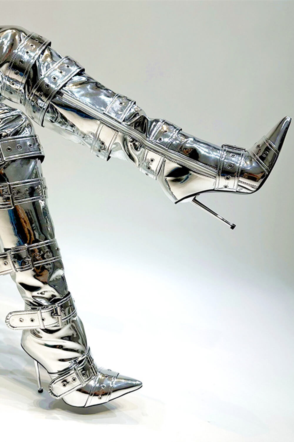 Multi Buckle Pointed Toe Thigh High Stiletto Heel Boots - Silver