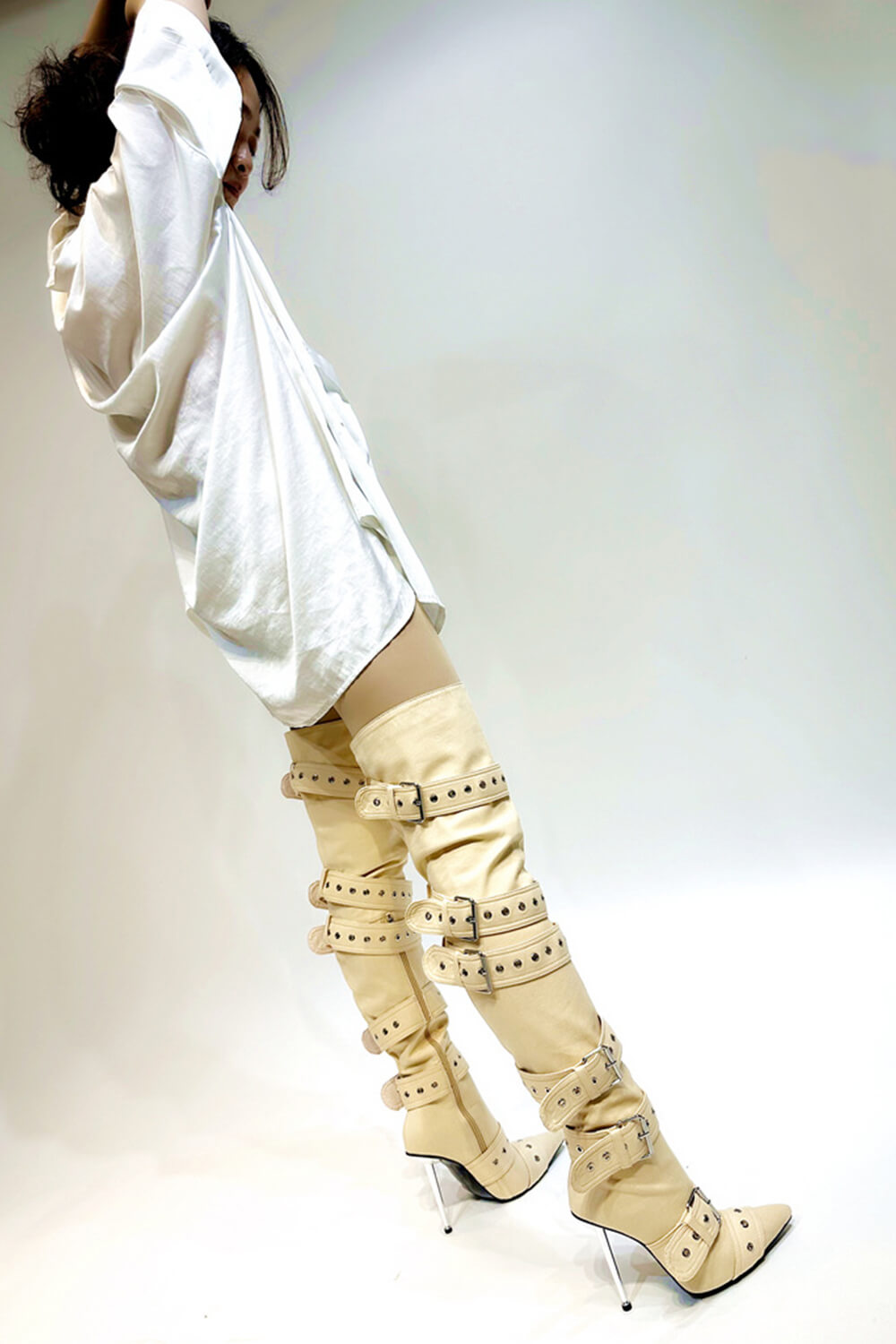 Multi Buckle Pointed Toe Thigh High Stiletto Heel Boots - Khaki
