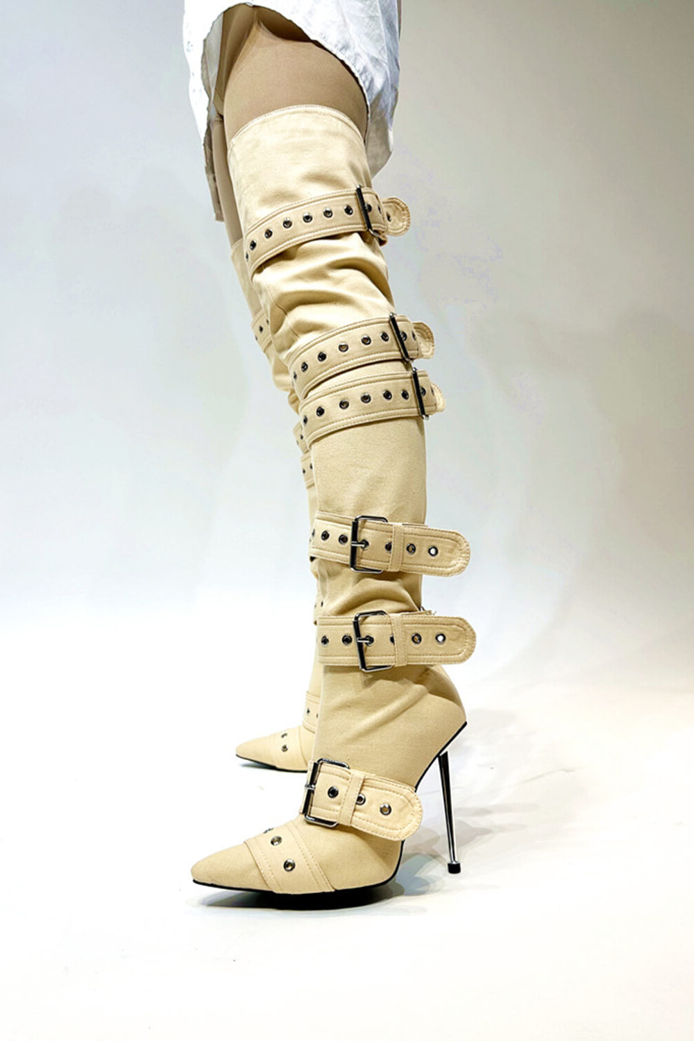 Multi Buckle Pointed Toe Thigh High Stiletto Heel Boots - Khaki