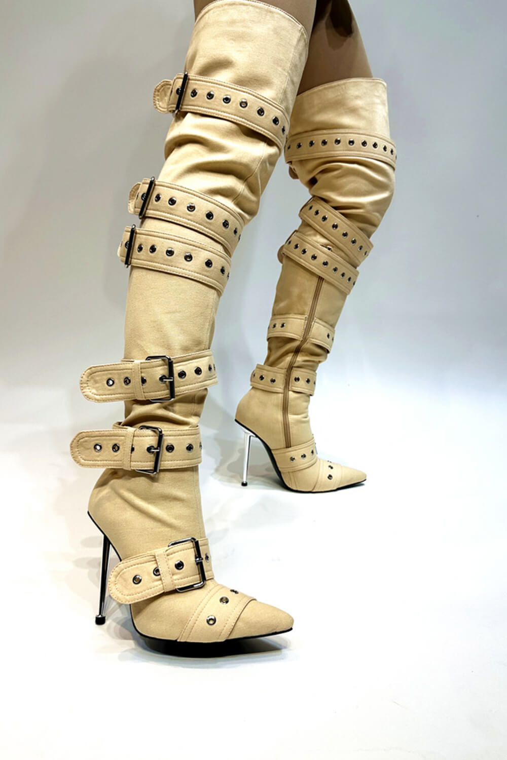 Multi Buckle Pointed Toe Thigh High Stiletto Heel Boots - Khaki