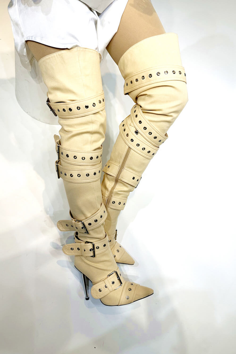 Multi Buckle Pointed Toe Thigh High Stiletto Heel Boots - Khaki