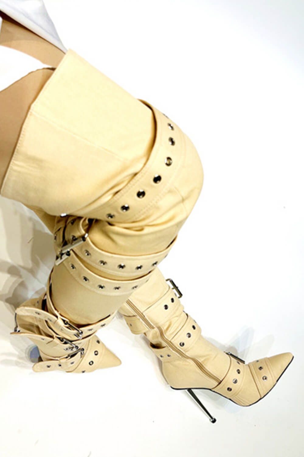Multi Buckle Pointed Toe Thigh High Stiletto Heel Boots - Khaki