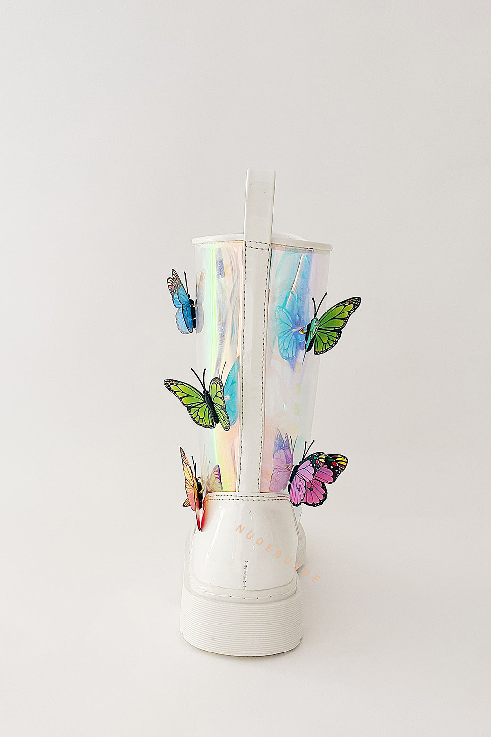 Clear Iridescent Butterfly Lace Up Mid-Calf Flat Boots
