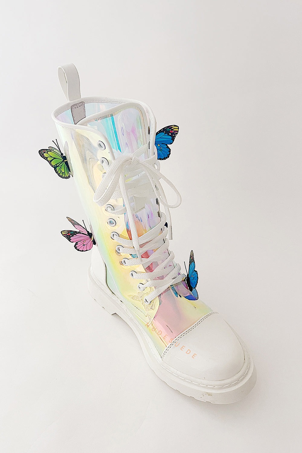 Clear Iridescent Butterfly Lace Up Mid-Calf Flat Boots