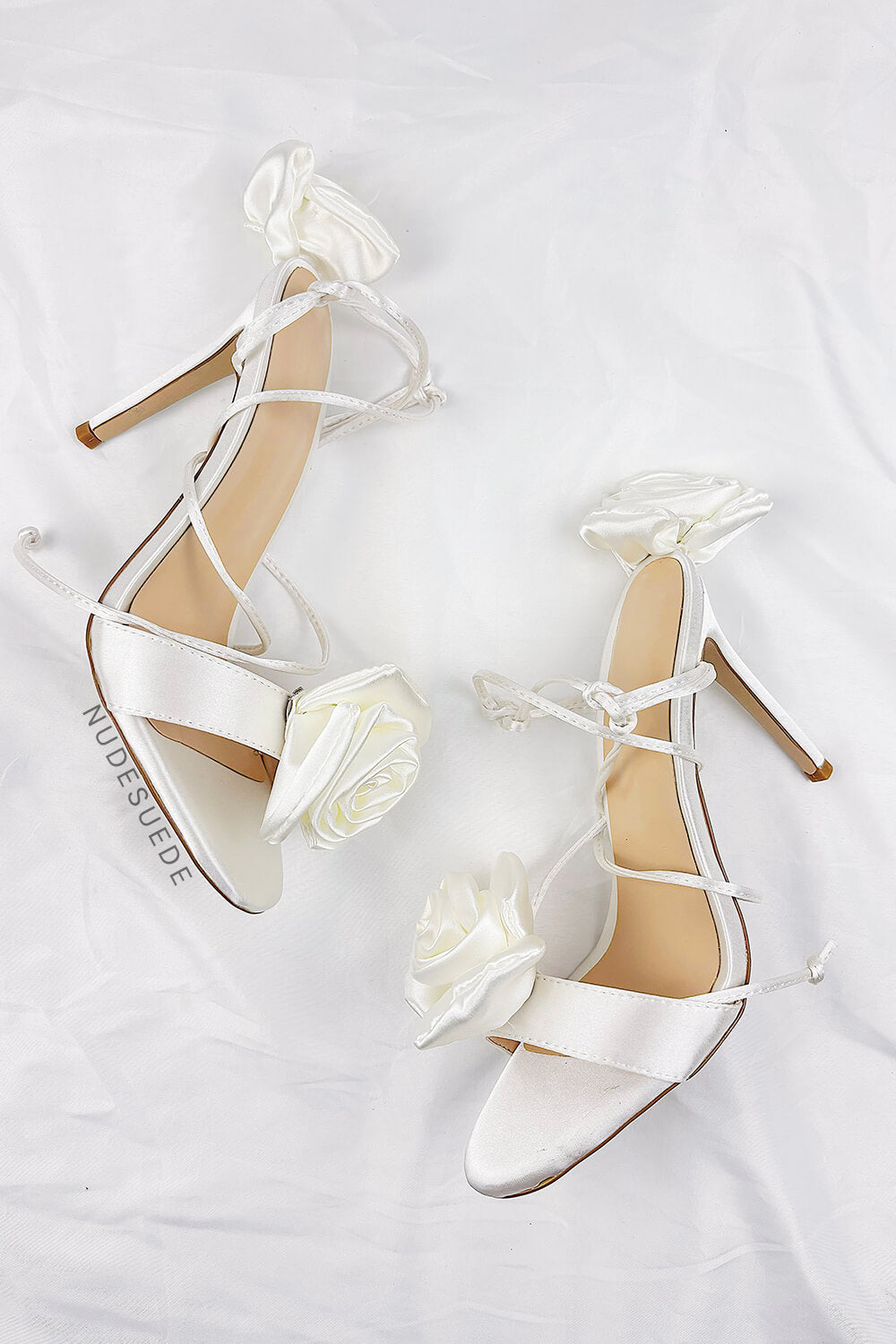 Flower Embellished Satin Lace Up Open Toe Stiletto Heels Sandals - Ivory