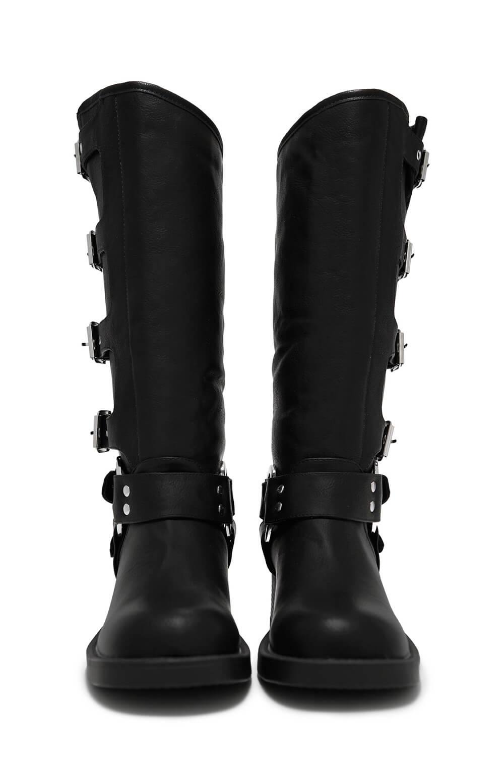Buckle Strap Detail Mid-Calf Chunky Biker Boots - Black