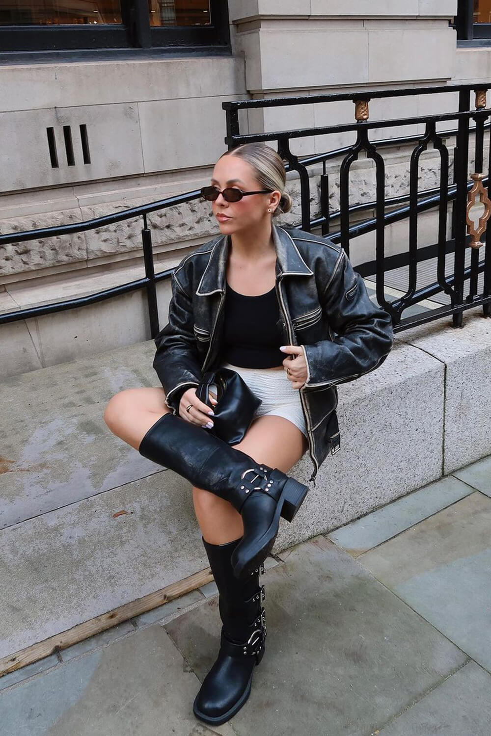 Buckle Strap Detail Mid-Calf Chunky Biker Boots - Black