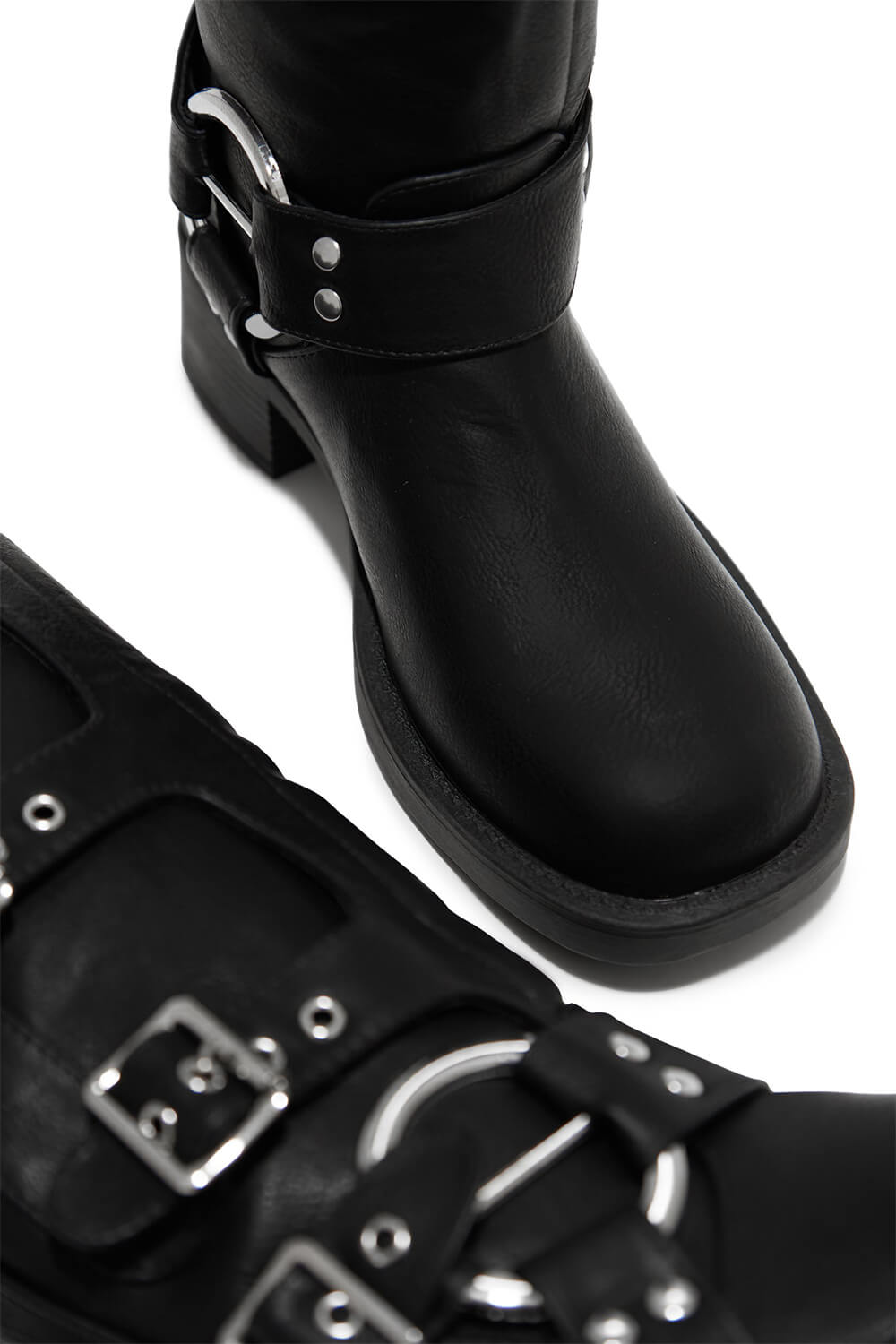 Buckle Strap Detail Mid-Calf Chunky Biker Boots - Black