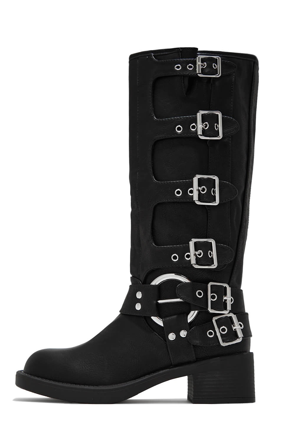 Buckle Strap Detail Mid-Calf Chunky Biker Boots - Black