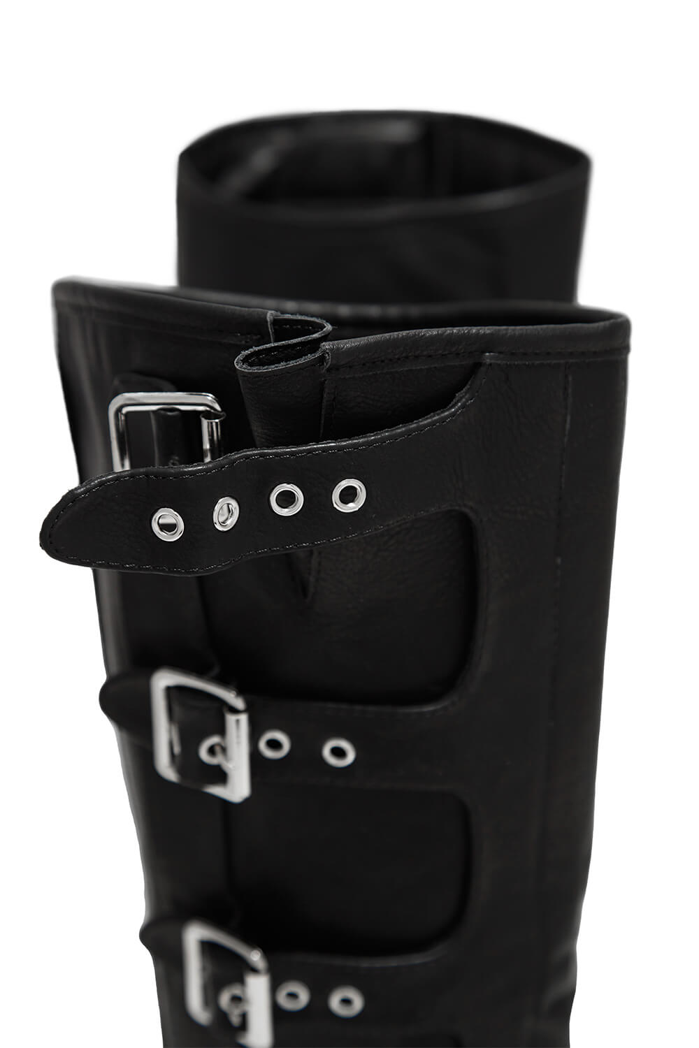 Buckle Strap Detail Mid-Calf Chunky Biker Boots - Black
