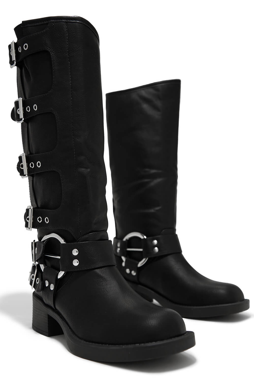 Buckle Strap Detail Mid-Calf Chunky Biker Boots - Black