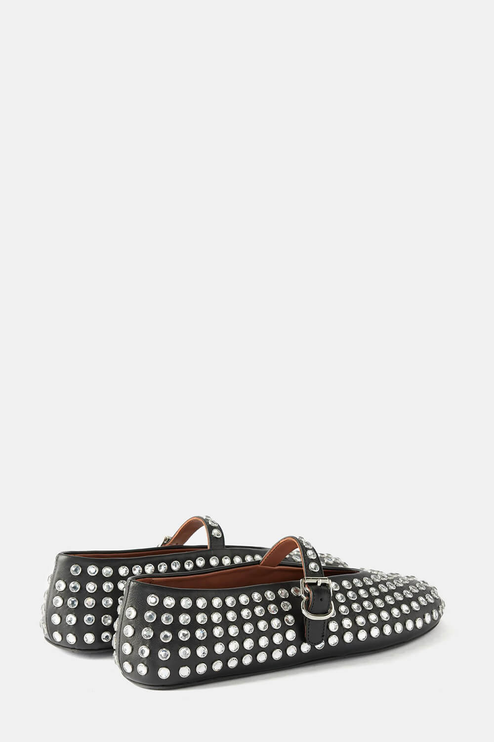 Faux Leather Crystal-Embellished Buckled Ballet Flats - Black