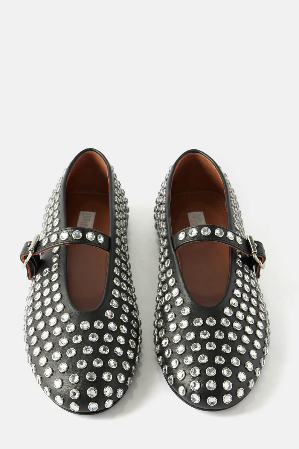 Faux Leather Crystal-Embellished Buckled Ballet Flats - Black