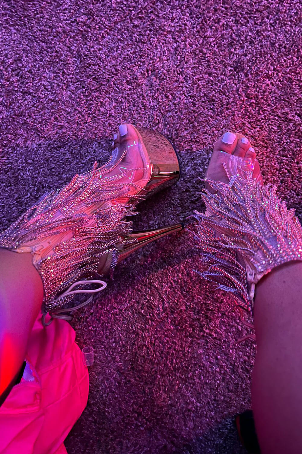 Diamante Fringe Platform Clear Perspex Open Toe Ankle Boots - Purple