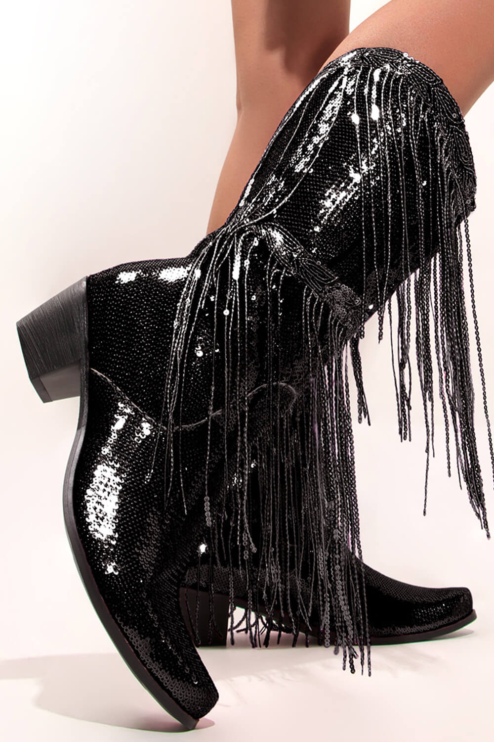 Metallic Patent Sequined Fringe Western Mid-Calf Boots - Black