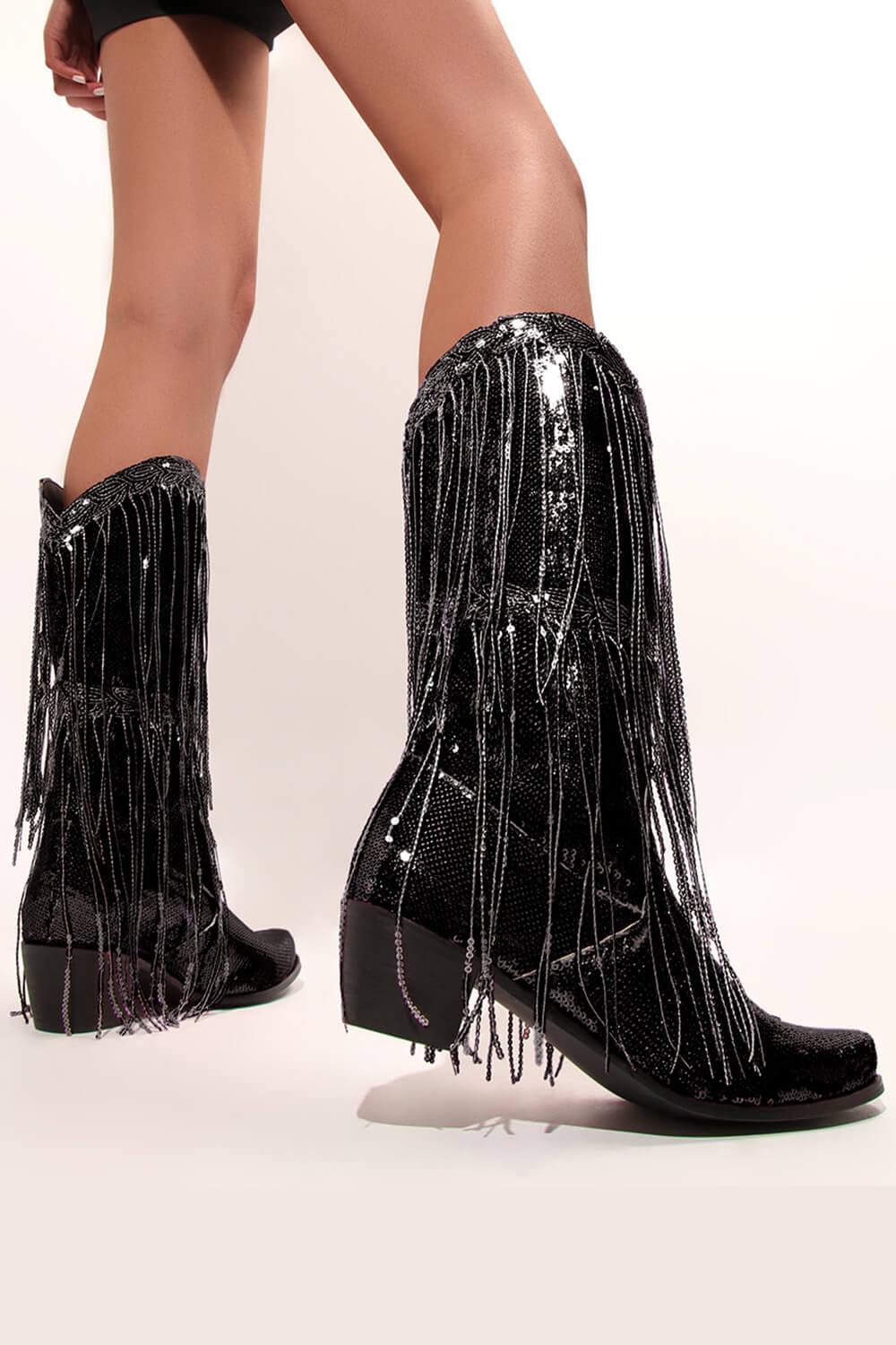 Metallic Patent Sequined Fringe Western Mid-Calf Boots - Black