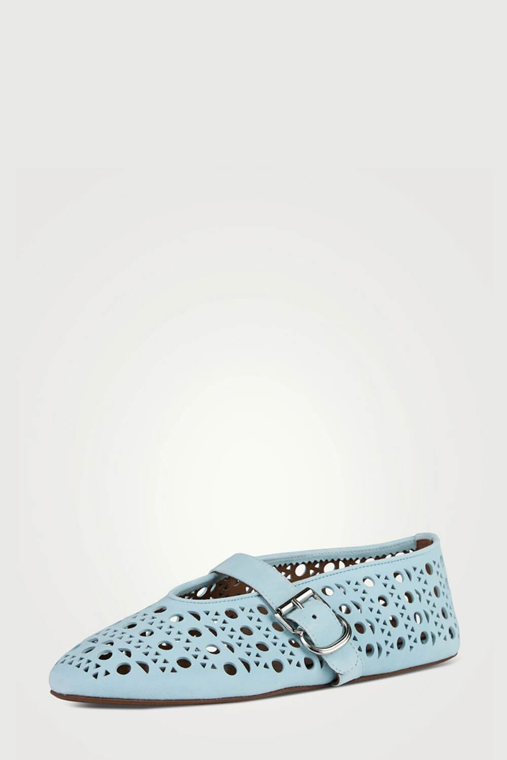 Faux Leather Laser-Cut Buckled Ballet Flats - Light Blue