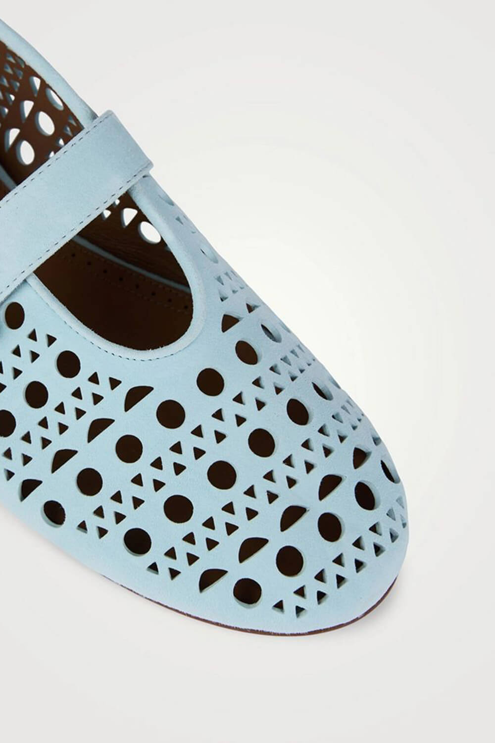 Faux Leather Laser-Cut Buckled Ballet Flats - Light Blue