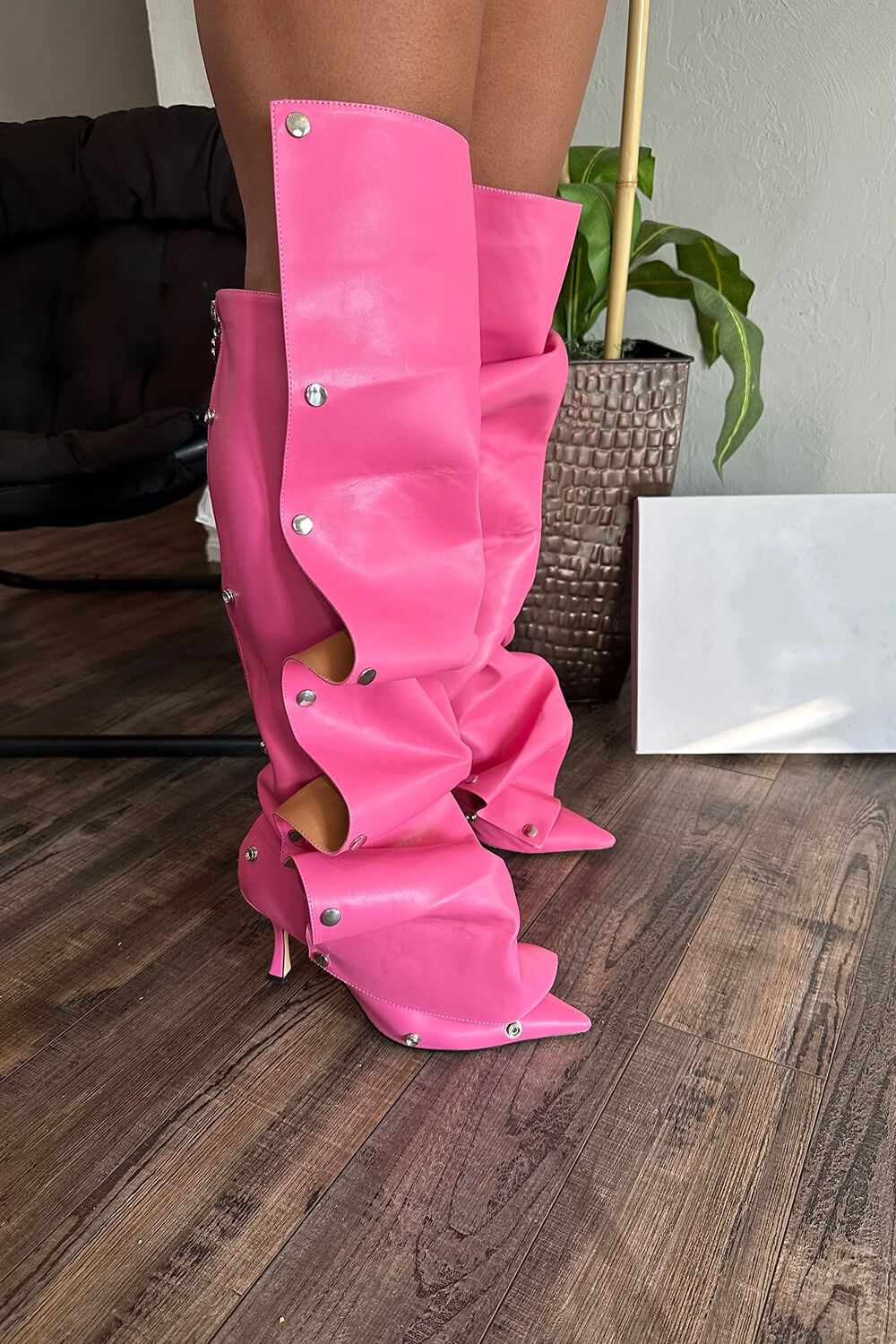 Ruffled Popper Detail Knee High Stiletto Boots - Hot Pink