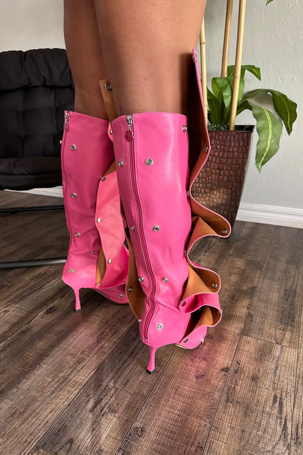 Ruffled Popper Detail Knee High Stiletto Boots - Hot Pink