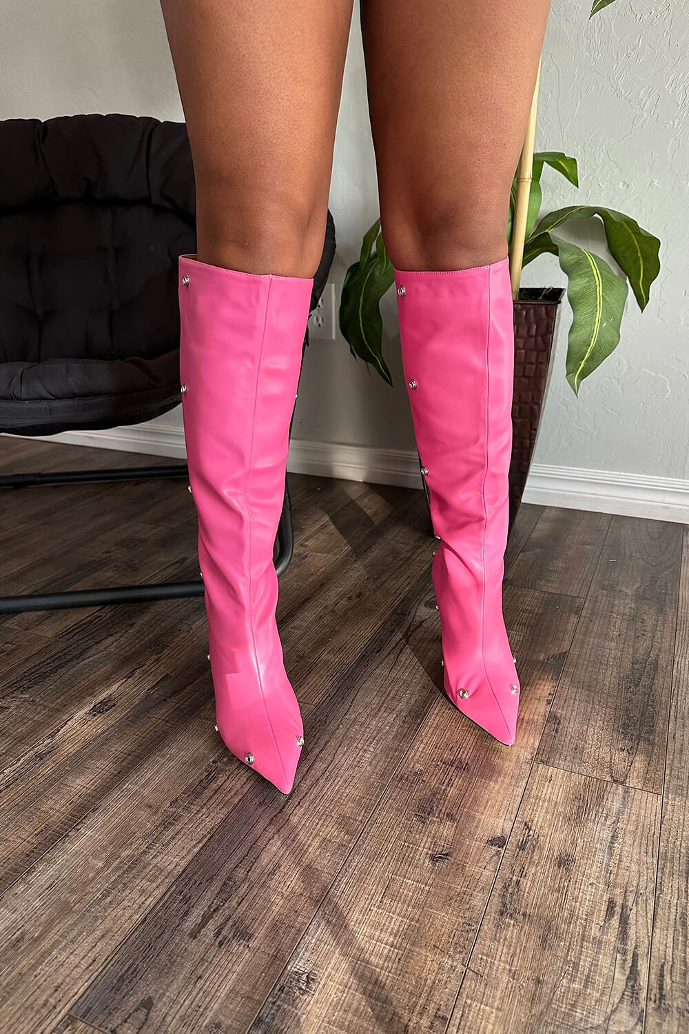Ruffled Popper Detail Knee High Stiletto Boots - Hot Pink