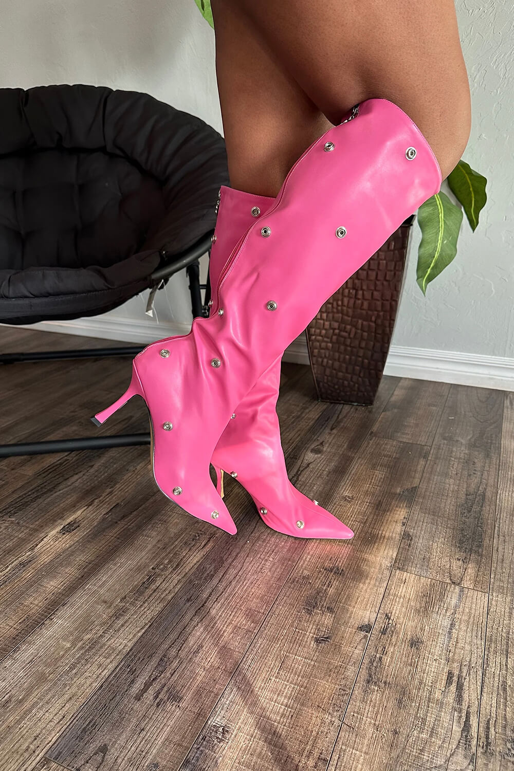 Ruffled Popper Detail Knee High Stiletto Boots - Hot Pink