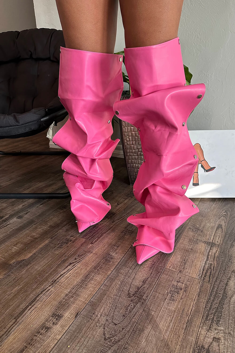Ruffled Popper Detail Knee High Stiletto Boots - Hot Pink