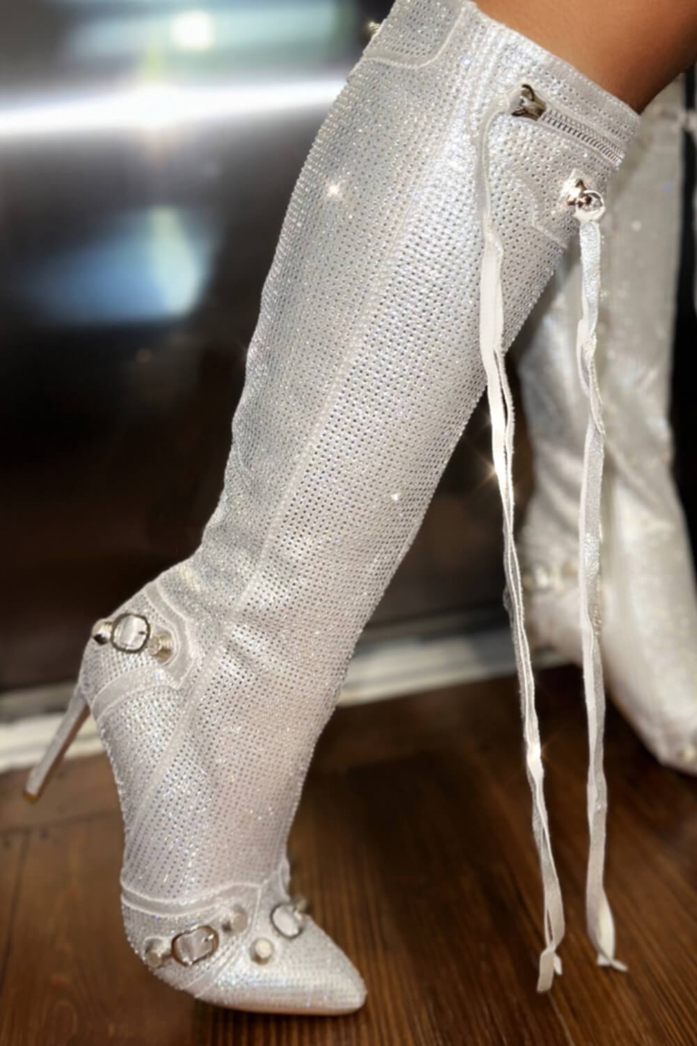 Rhinestone Embellished Faux Suede Knee High Pointed Toe Stiletto Boots With Studs And Pin Buckle Strap Details - Silver