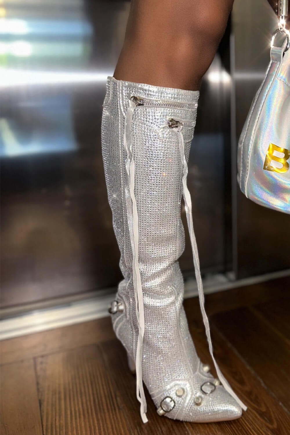 Rhinestone Embellished Faux Suede Knee High Pointed Toe Stiletto Boots With Studs And Pin Buckle Strap Details - Silver